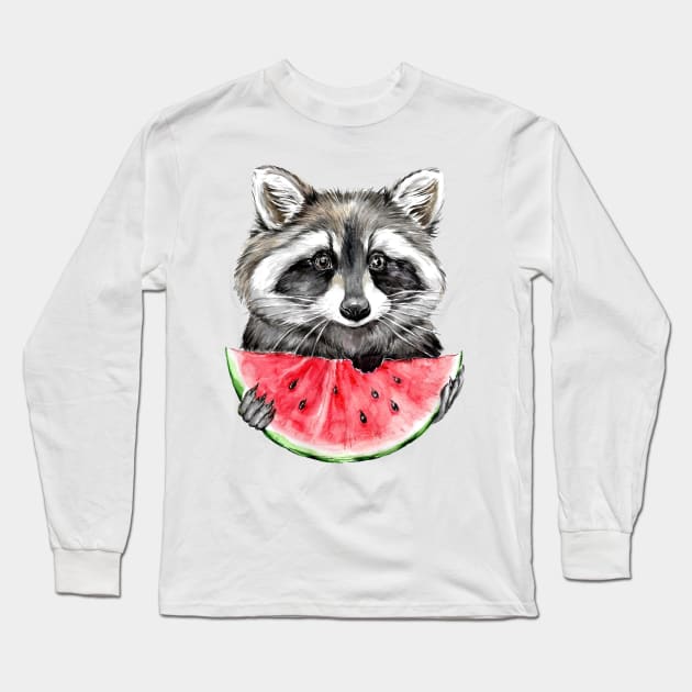 raccoon and watermelon Long Sleeve T-Shirt by Lesja Gost art